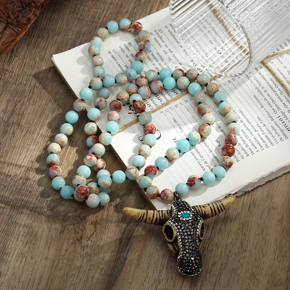 Necklace with natural amazonite beads with buffalo head