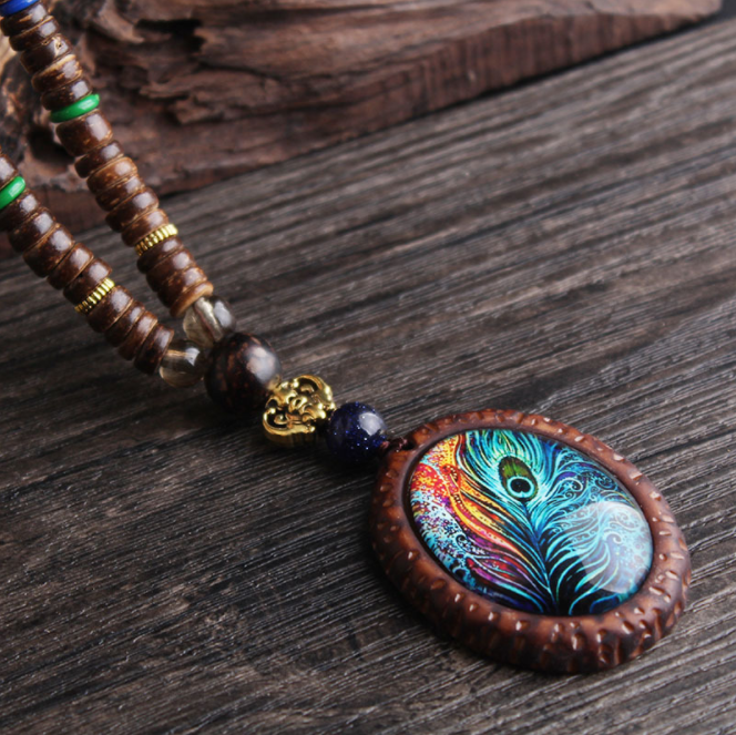 Nepalese peacock feather pendant necklace