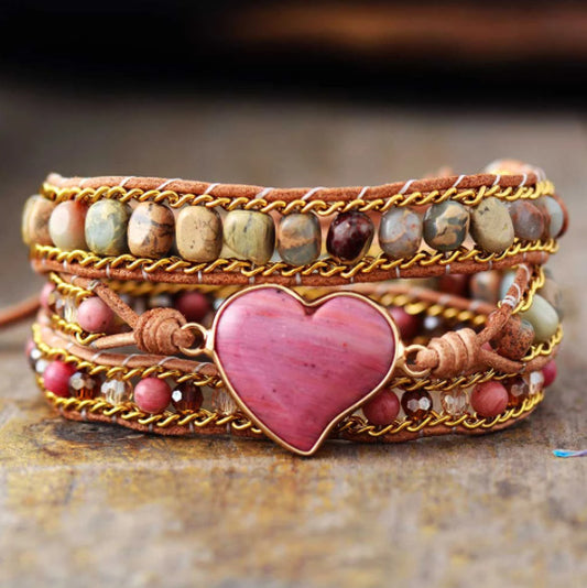 Wrap bracelet- rhodochrosite heart