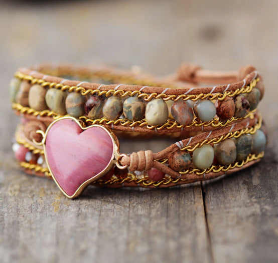 Wrap bracelet- rhodochrosite heart