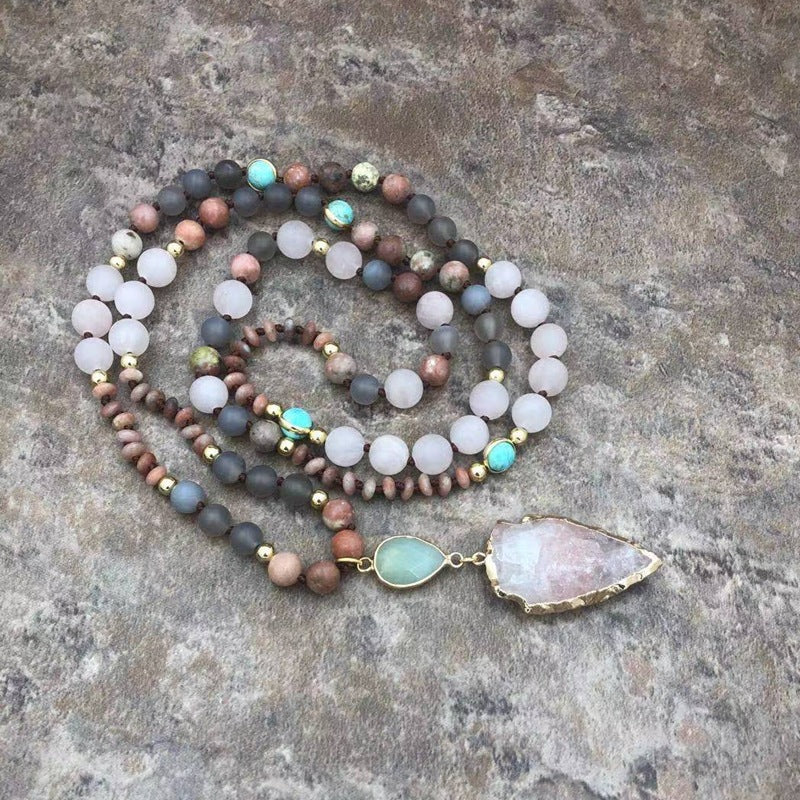 Rose Quartz Arrowhead 108 Beads Mala Necklace