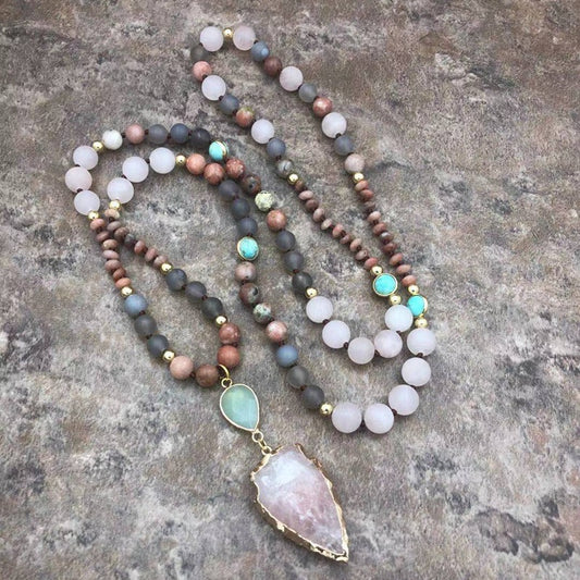 Rose Quartz Arrowhead 108 Beads Mala Necklace