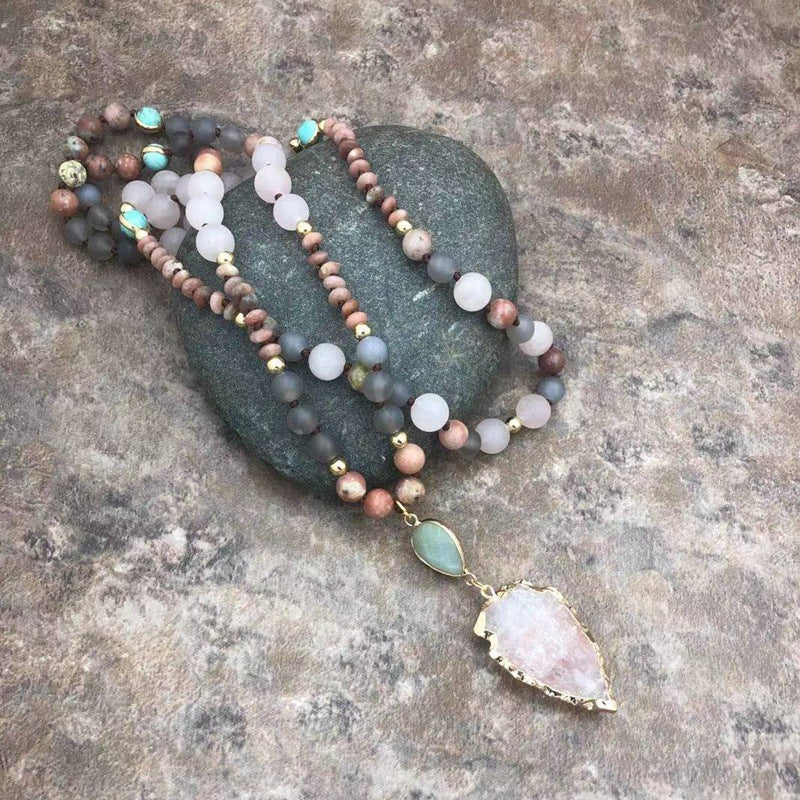 Rose Quartz Arrowhead 108 Beads Mala Necklace