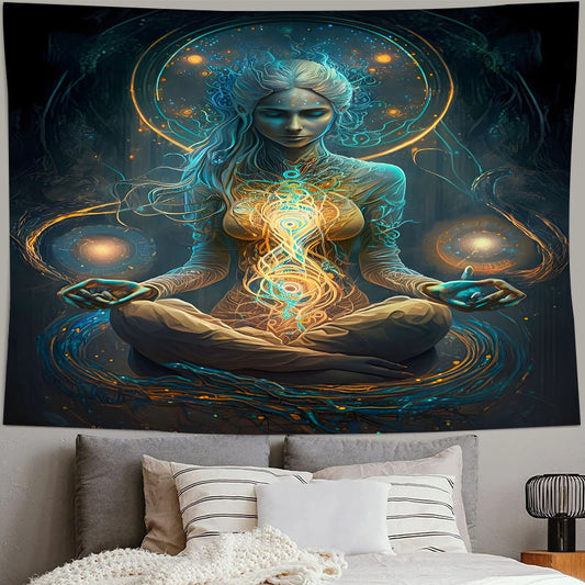 Tapestry of a girl in lotus pose, Harmony of mental health and cosmic energy