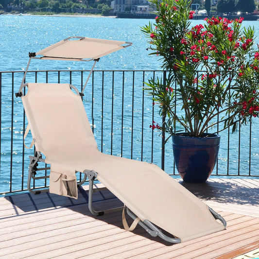 Folding chaise lounge adjustable outdoor with sun shelter