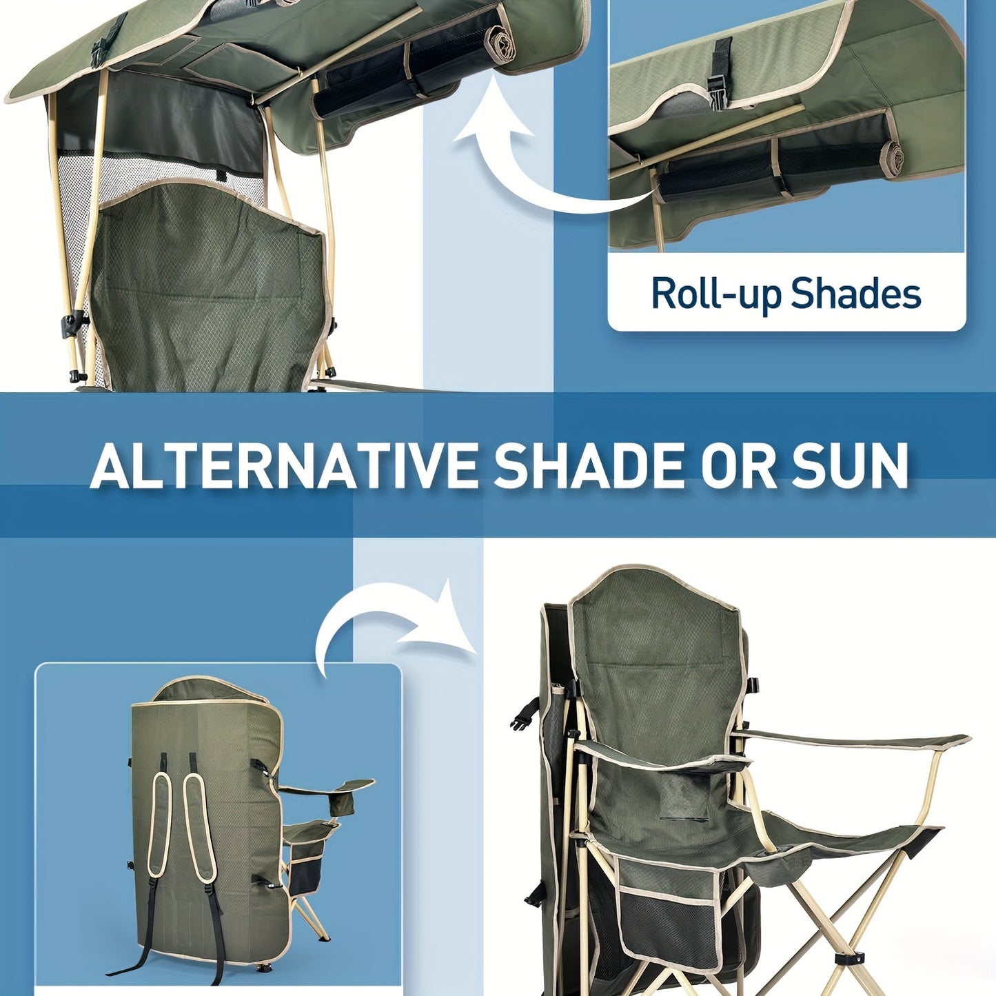 Folding canopy chair with cup holder and pockets for adults