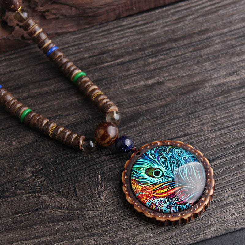 Nepalese peacock feather pendant necklace