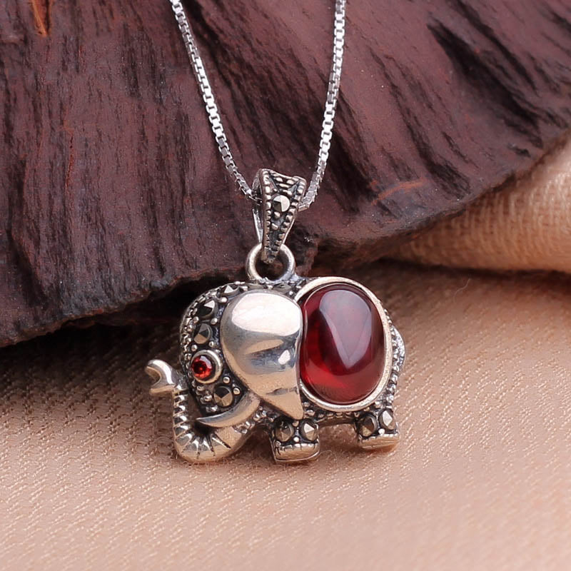 Elephant Fish Fox Crab Garnet Pendant Necklace - 925 Sterling Silver