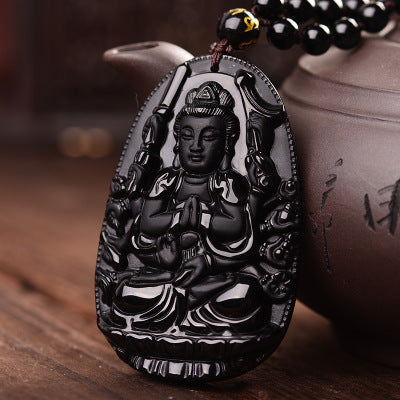 Natural Black Obsidian Buddha Necklace