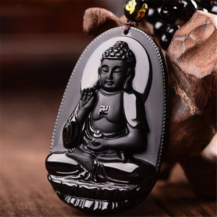 Natural Black Obsidian Buddha Necklace