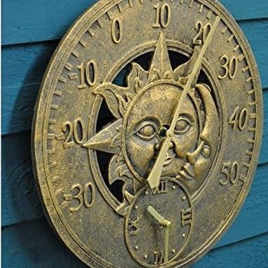 Outside-In Sun and Moon 30cm Wall Thermometer and Clock