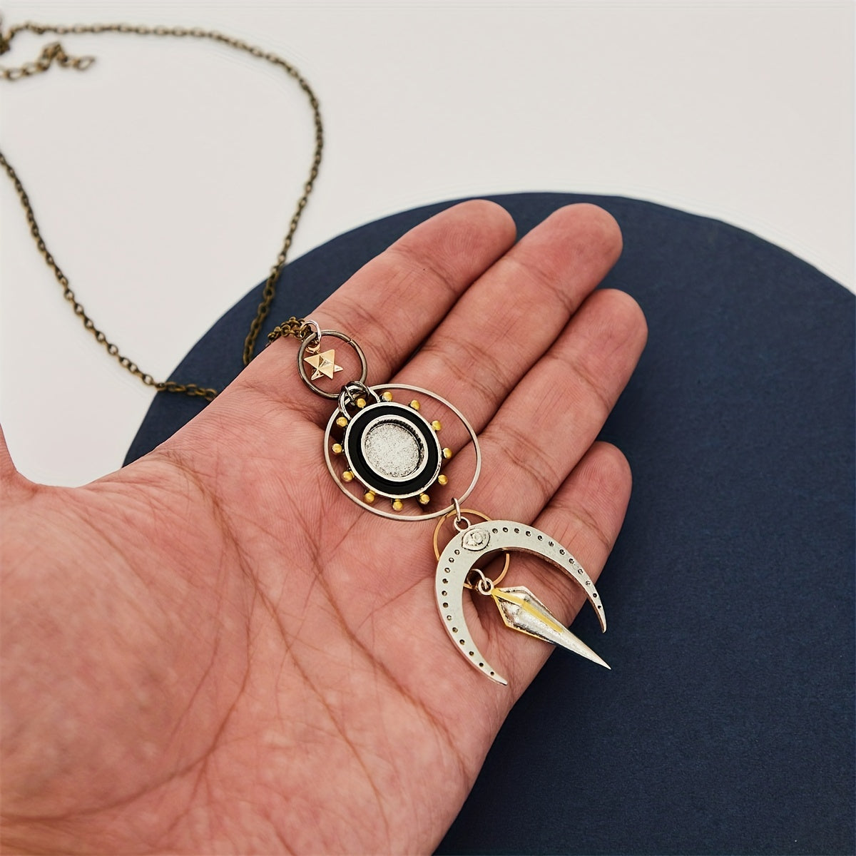 All Seeing Eye Talisman Protection Necklace with Moon and Merkaba Star and Mirror Pendant