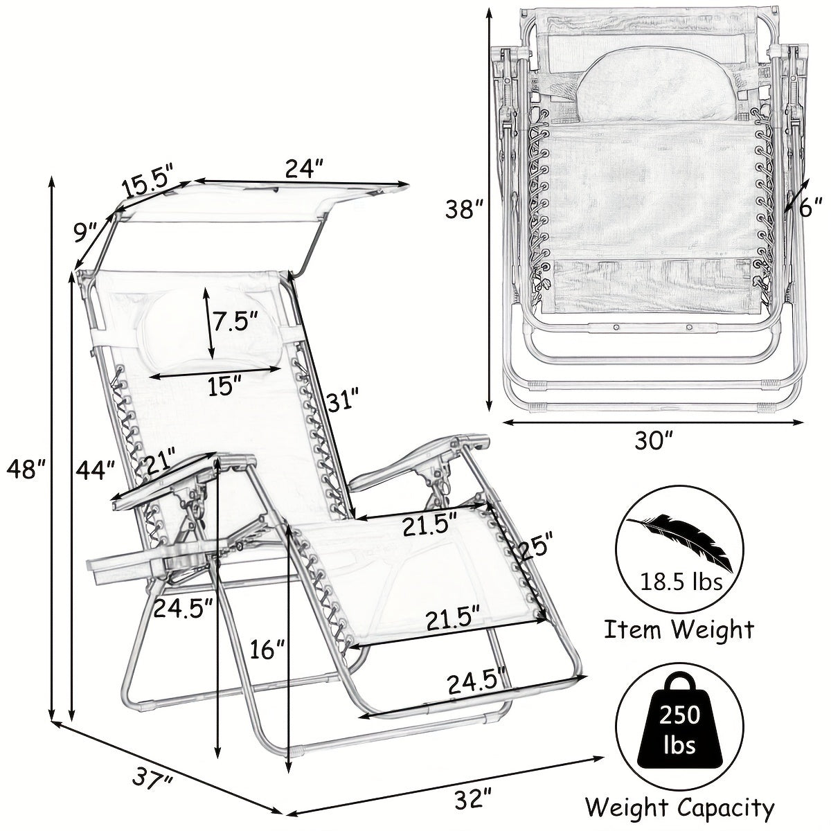 Sturdy folding sun lounger with sun protection