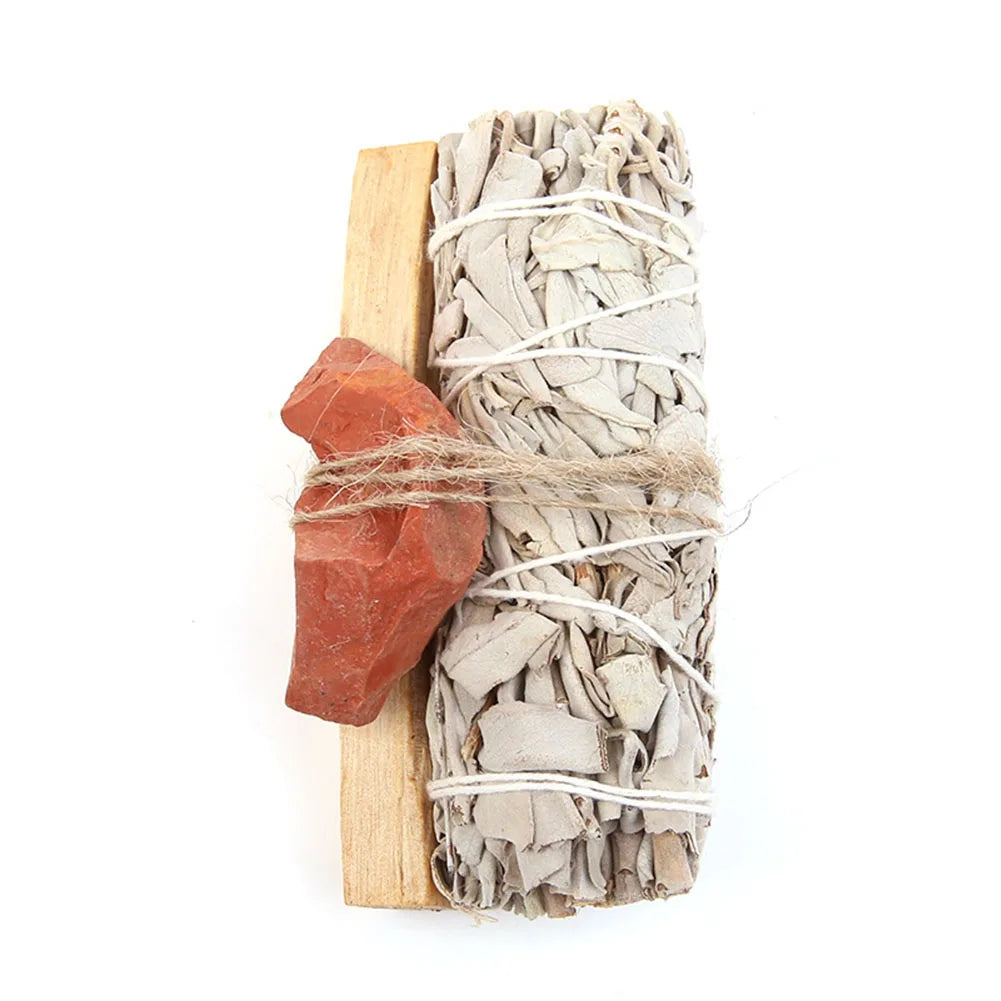 White Sage Palo Santo Smudge Cleansing Stick Bundle Wand - Red Stone