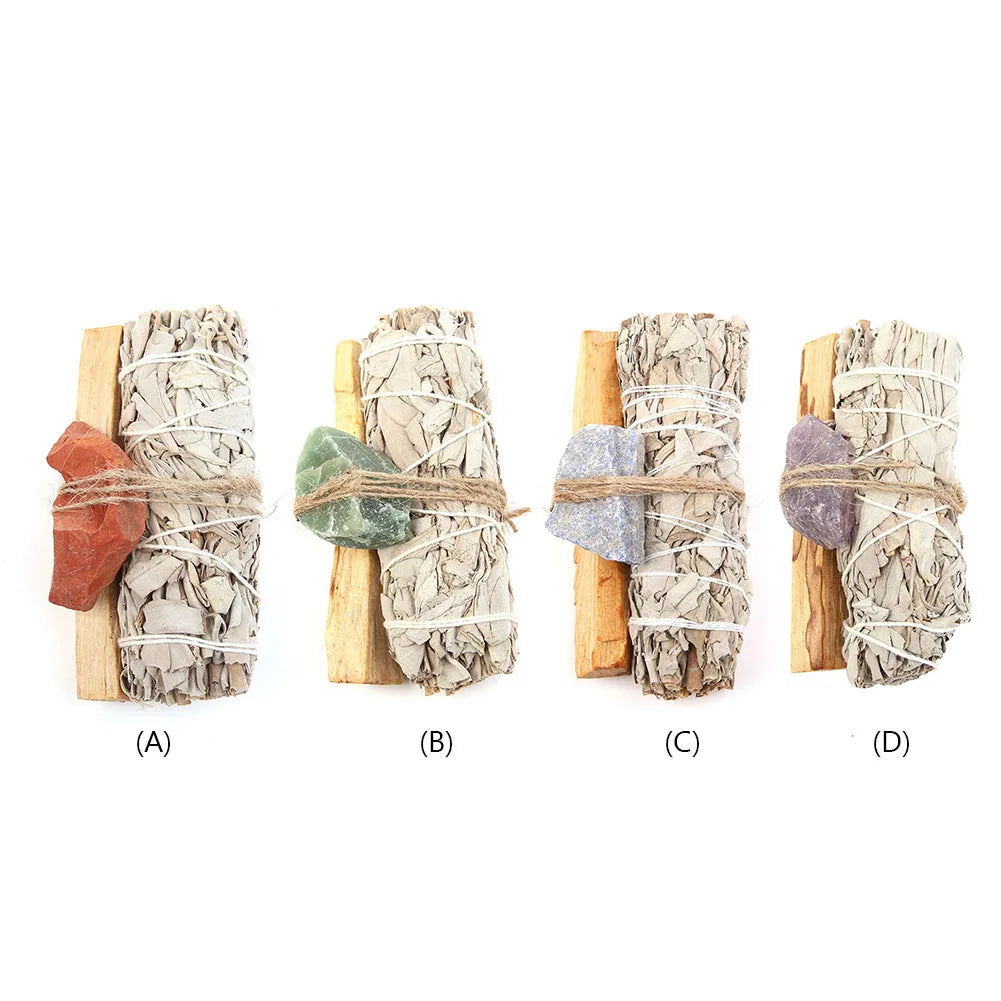 White Sage Palo Santo Smudge Cleansing Stick Bundle Wand - Red Stone