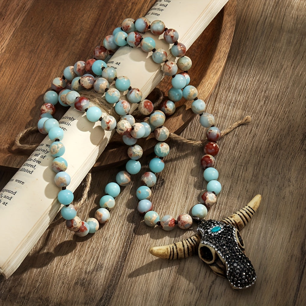 Necklace with natural amazonite beads with buffalo head