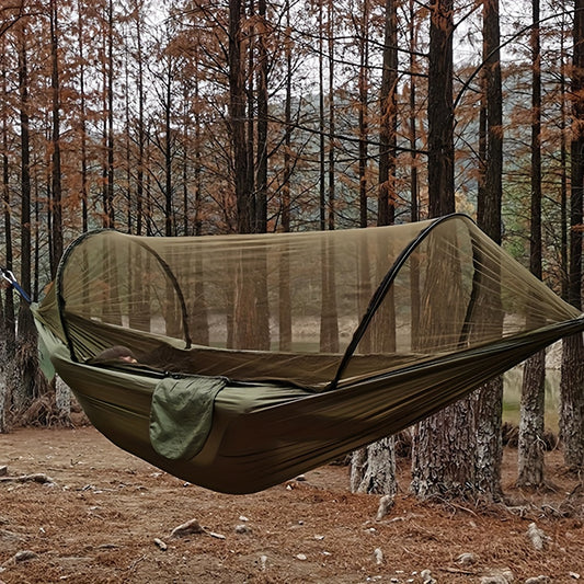 Automatic quick-opening hammock with mosquito netting