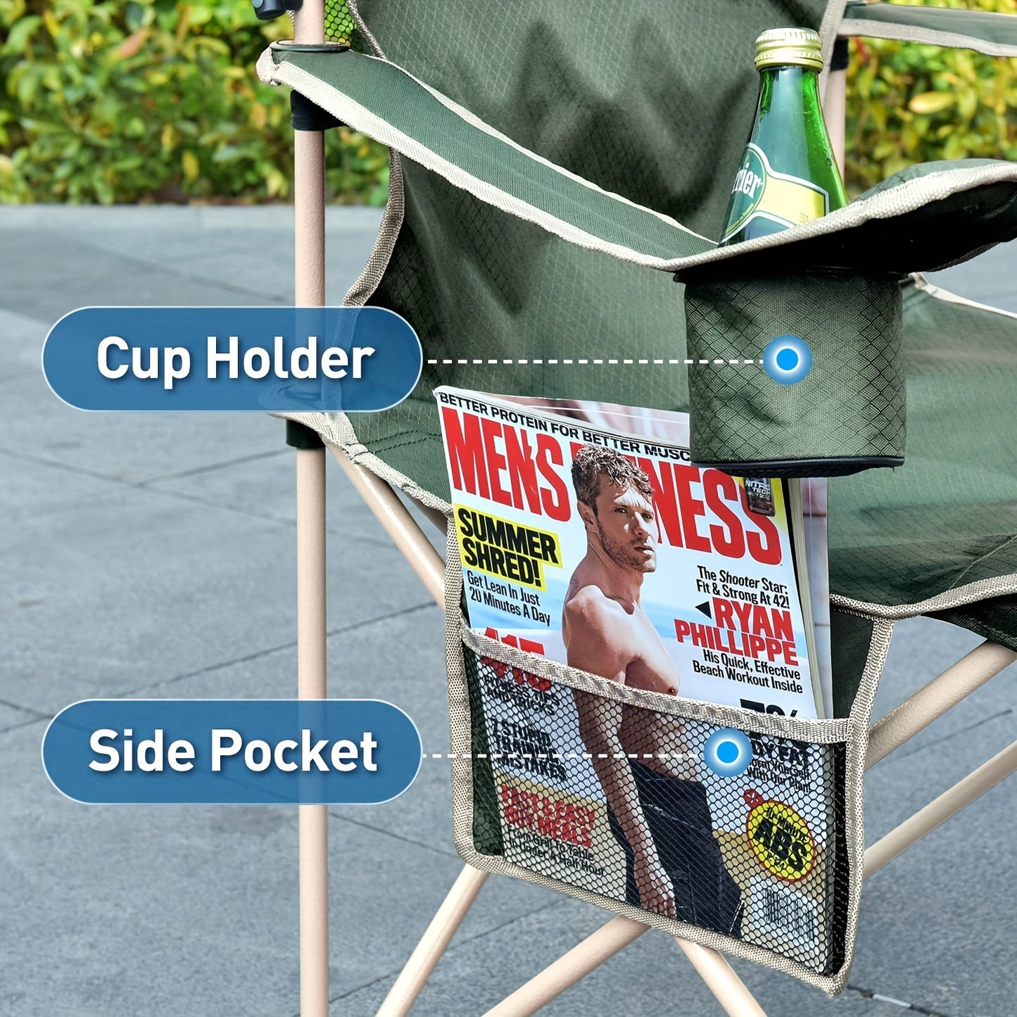 Folding canopy chair with cup holder and pockets for adults