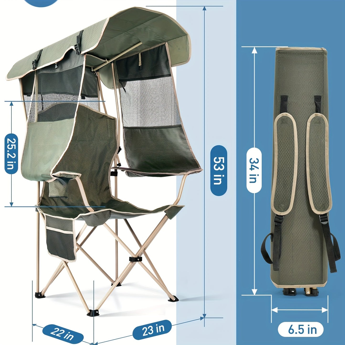 Folding canopy chair with cup holder and pockets for adults