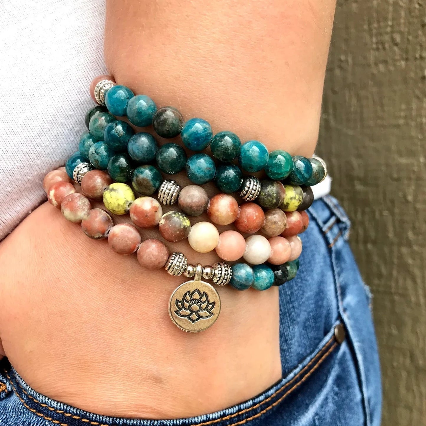 Rhodonite and Apatite 108 Mala bracelet