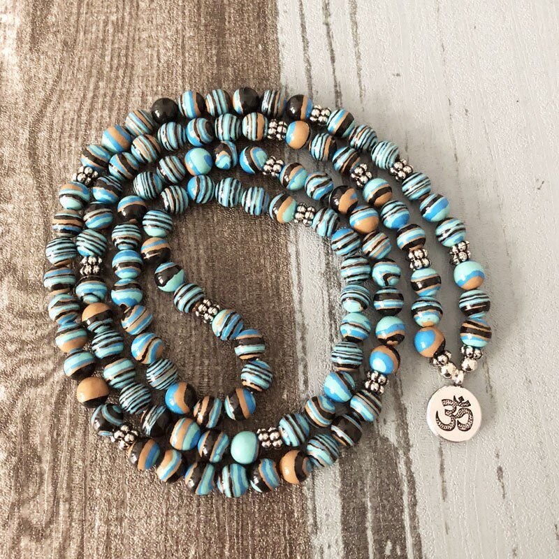 Natural Chrysocolla Malachite Lotus Mala Braclete